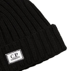 Beanies*C.P. Company Extra Fine Merino Wool Knit Logo Beanie Black