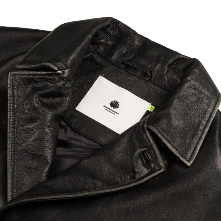 Jacken*New Amsterdam Surf Association Leather Jacket Boxy Fit Washed Black